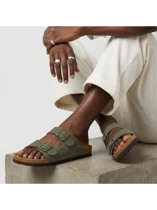 Men\'s Olive Green Lane Cork Footbed Sandals Adjustable Buckle Comfort Slides